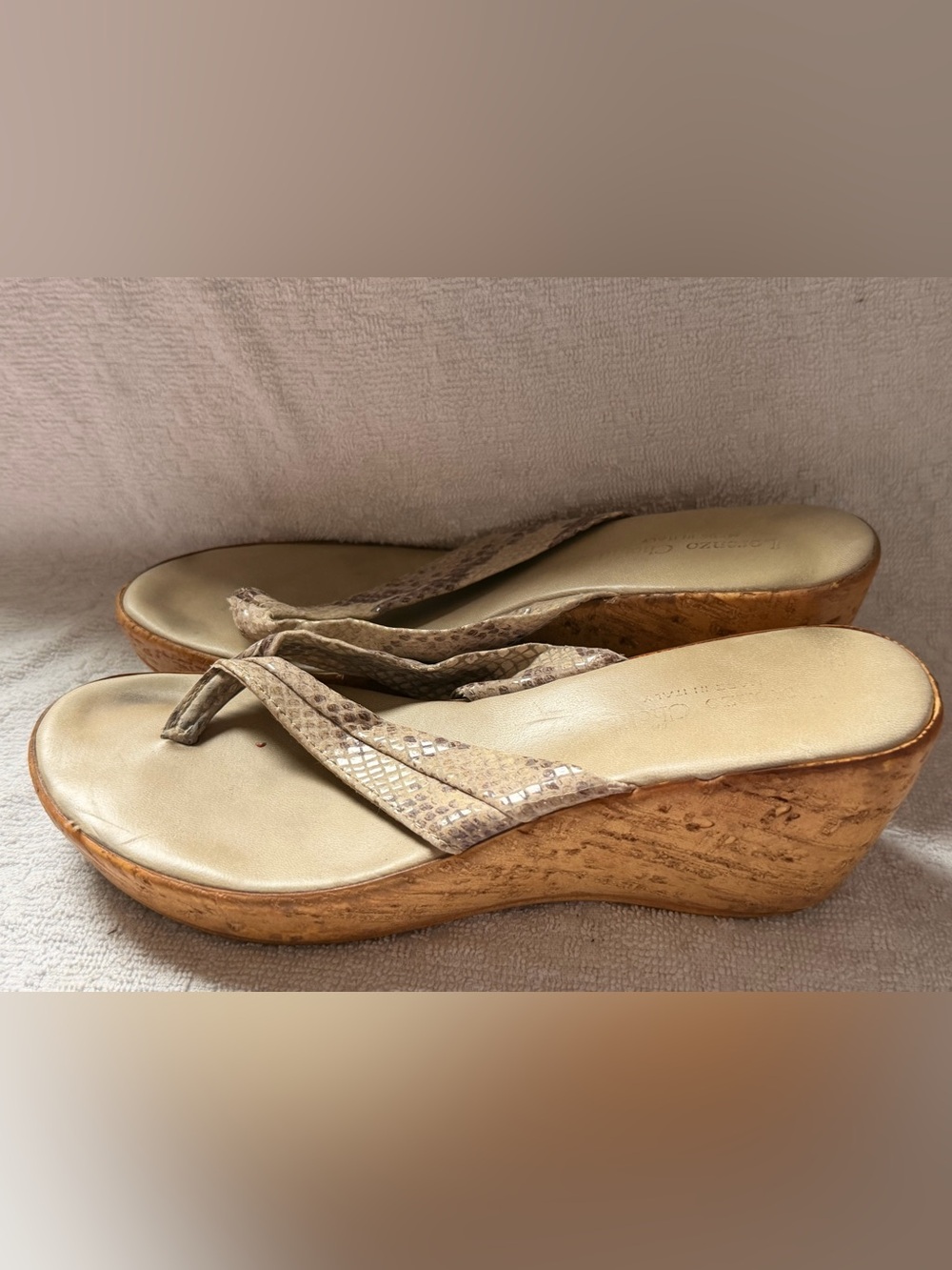 Beige Snake-Print Cork Wedge Thong Sandals made in Italy